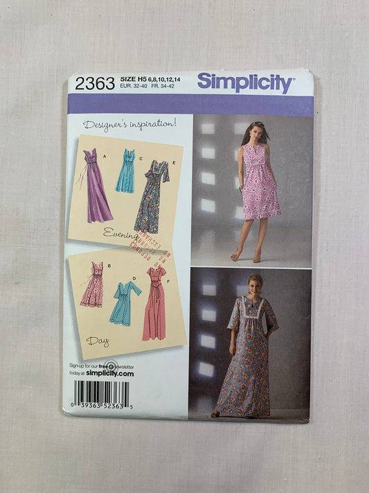Simplicity Sewing Pattern 2363 Misses' Dresses, Two Lengths, 6 Variations, Size 6-14, Uncut, 2010