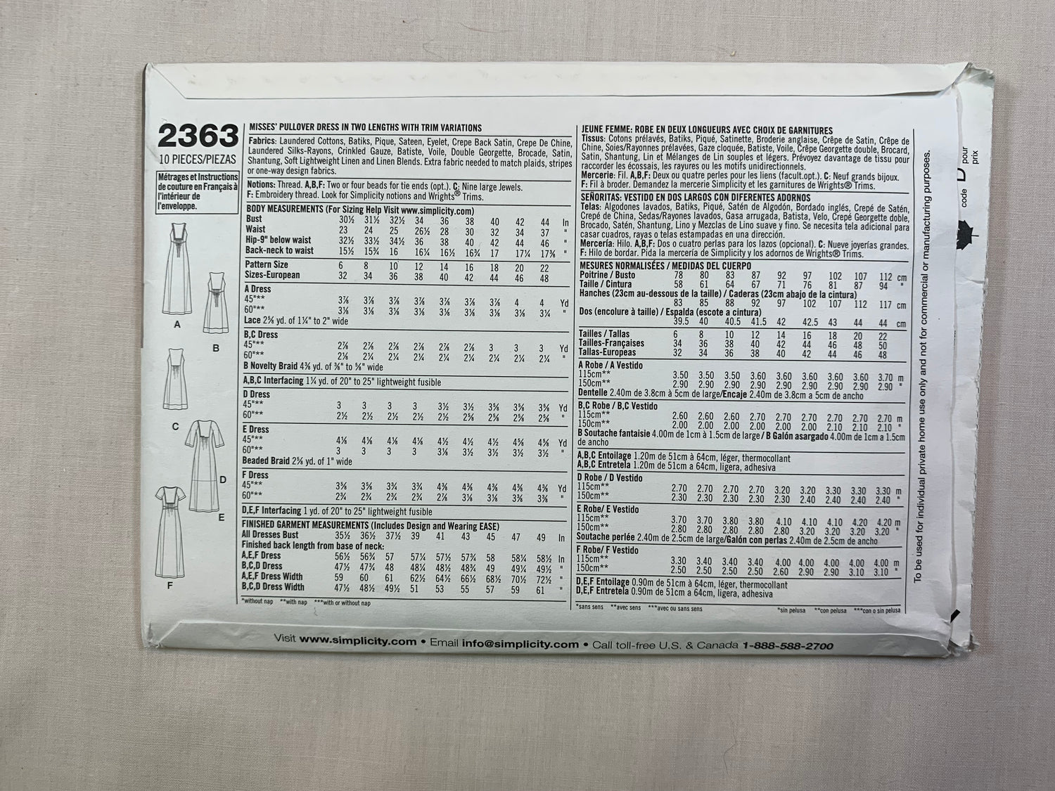 Simplicity Sewing Pattern 2363 Misses' Dresses, Two Lengths, 6 Variations, Size 6-14, Uncut, 2010