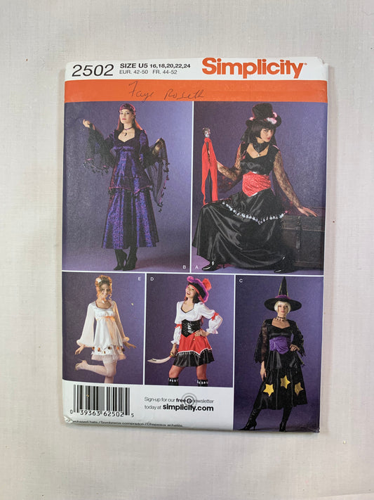Simplicity Sewing Pattern 2502 Misses' Adult Costumes, Witch, Gypsy, Pirate, Magician, Dresses, Two Lengths, Size 16-24, Uncut, 2009