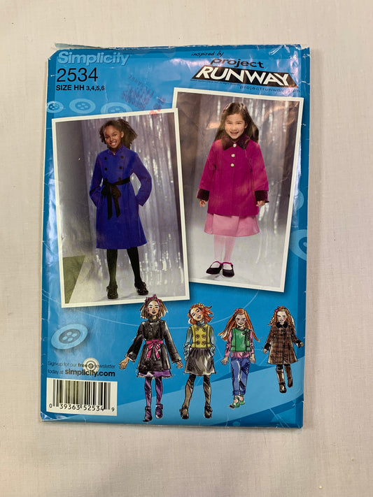 Simplicity Sewing Pattern 2534 Project Runway Girls' Child's, Coat, Jacket, Button Front, Vest, Size 3-6, Cut, 2009