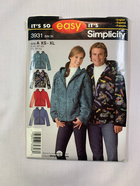Simplicity Sewing Pattern 3931 Misses', Men's, Teens Hooded Sweatshirt, Jacket, Pockets, Size XS-M, Cut, 2006