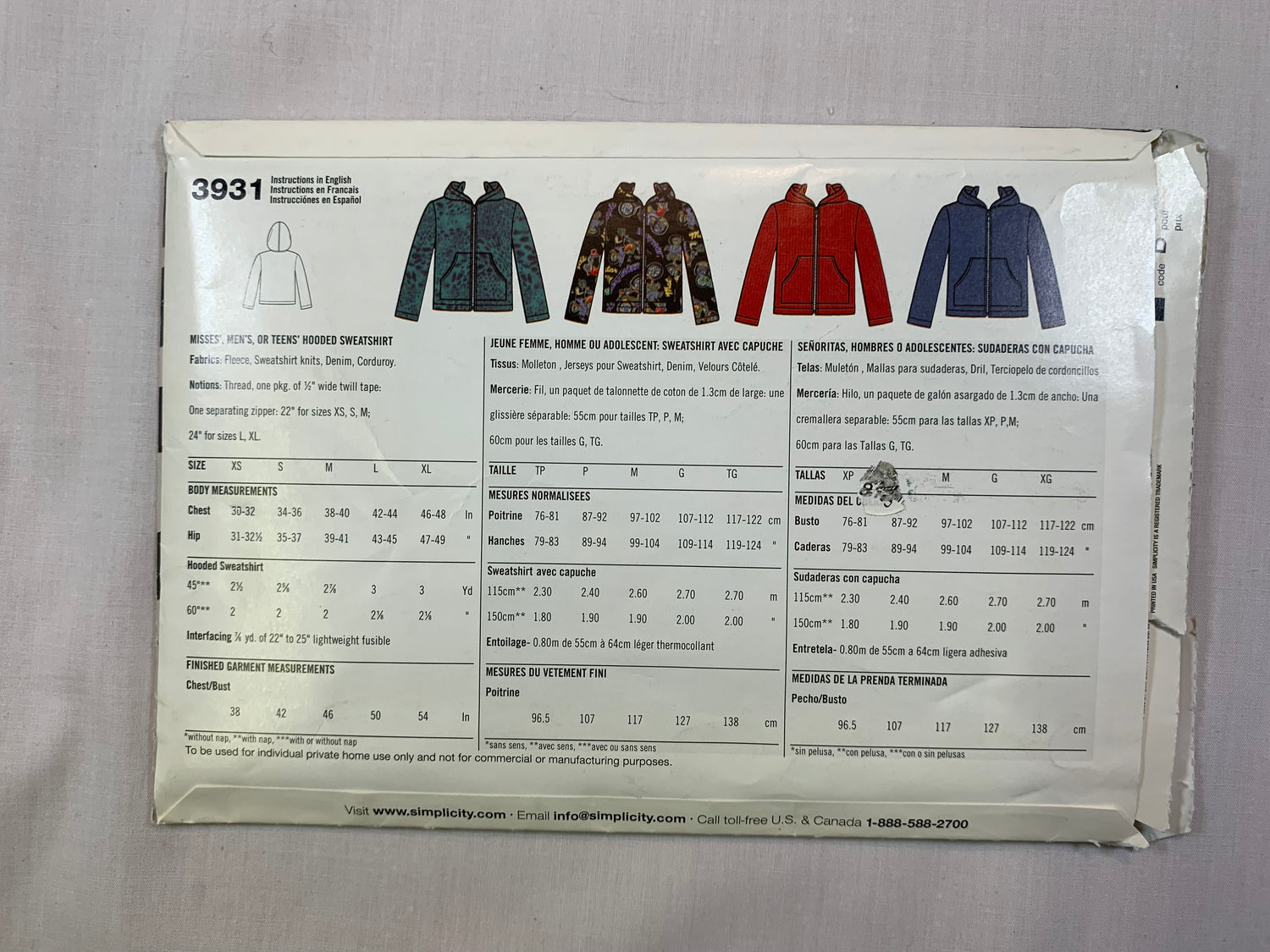 Simplicity Sewing Pattern 3931 Misses', Men's, Teens Hooded Sweatshirt, Jacket, Pockets, Size XS-M, Cut, 2006