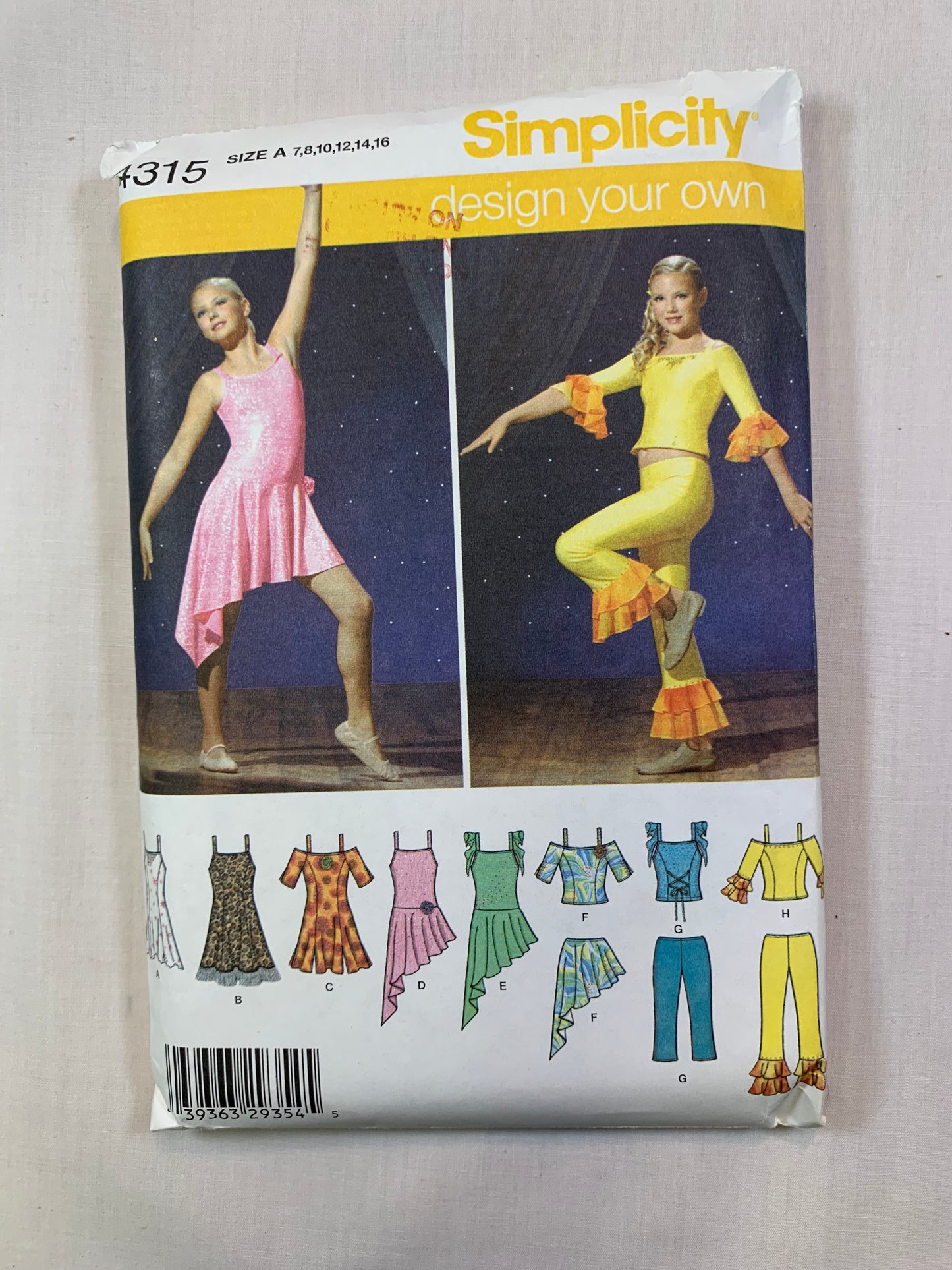 Simplicity 4315 Girls' Costumes, Dance Dresses, Pants, Top, Skirts, Size 7-12, Cut 2005