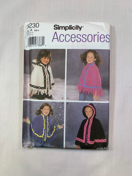 Simplicity 5230 Girls' Ponchos, Hood, Size 3-16, Uncut, 2004