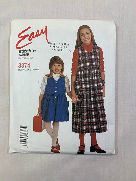 McCall's 8874 Children's, Girls' Romper, Jumper, Size 2-6, Uncut, Vintage 1997