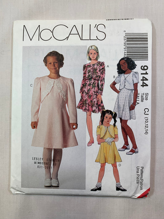 McCall's 9144 Girls' Dress, Lined Bolero, Jacket, Size 10-14 Uncut, Vintage 1997