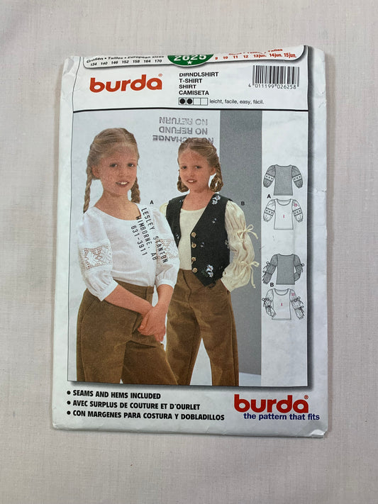 Burda Sewing Pattern 2625 Toddlers' Girls' Tops, Long/Short Sleeves, Pullover, Round Neckline, Size 9-15, Uncut, Vintage 1990
