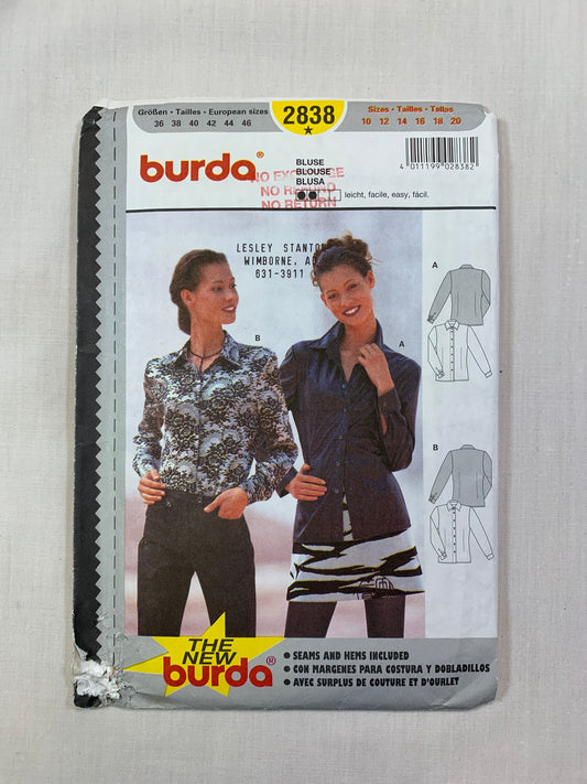 Burda Sewing Pattern 2838 Misses' Blouse, Button Front, Long Sleeves, Collar, Loose-Fitting, Size 10-20, Uncut, 2000