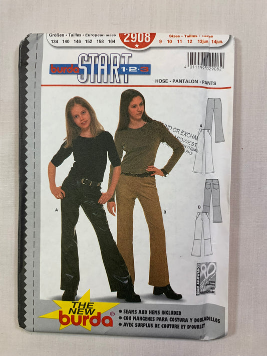 Burda Sewing Pattern 2908 Girls' Pants, Two Lengths, Pockets, Close-Fitting, Zipper Fly, Size 9-14, Uncut, 2000