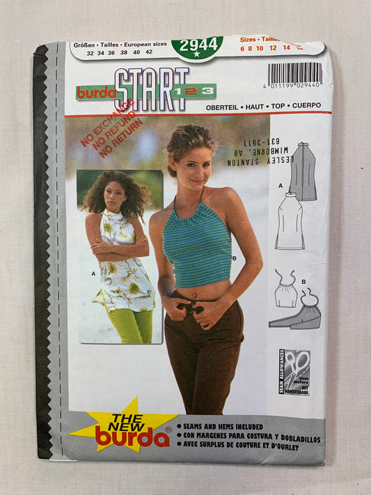 Burda Sewing Pattern 2944 Misses' Shirt, Halter Top,Sleeveless, Close-Fitting, Zipper Back, Size 6-16, Uncut, 2001