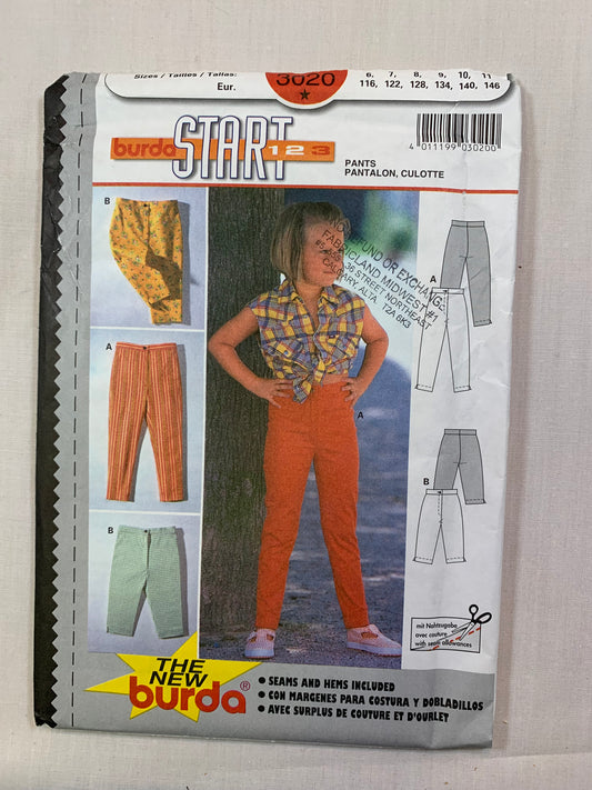 Burda Sewing Pattern 3020 Girls' Pants, Close-Fitting, Two Lengths, Zipper Front, Cuffs, Size 6-11, Uncut, 2000
