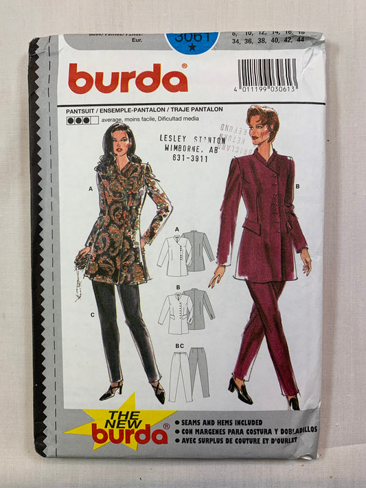 Burda Sewing Pattern 3061 Misses' Pants, Jacket, Pantsuit, Button Front, Pockets, Zipper Back, Size 8-18, Uncut, 2000