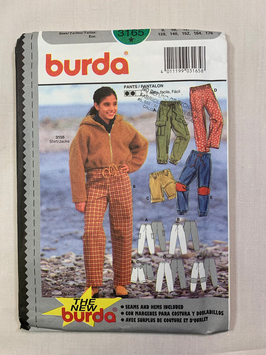 Burda Sewing Pattern 3165 Girls' Pants, Shorts,Pockets, Elastic Waist, Pull-On, Drawstring, Size 8-16, Uncut, 2000