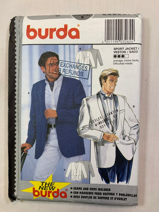 Burda Sewing Pattern 3262 Men's Sport Jacket, Loose-Fitting, Long Sleeves, Pockets, Size 46-56, Uncut, 2001