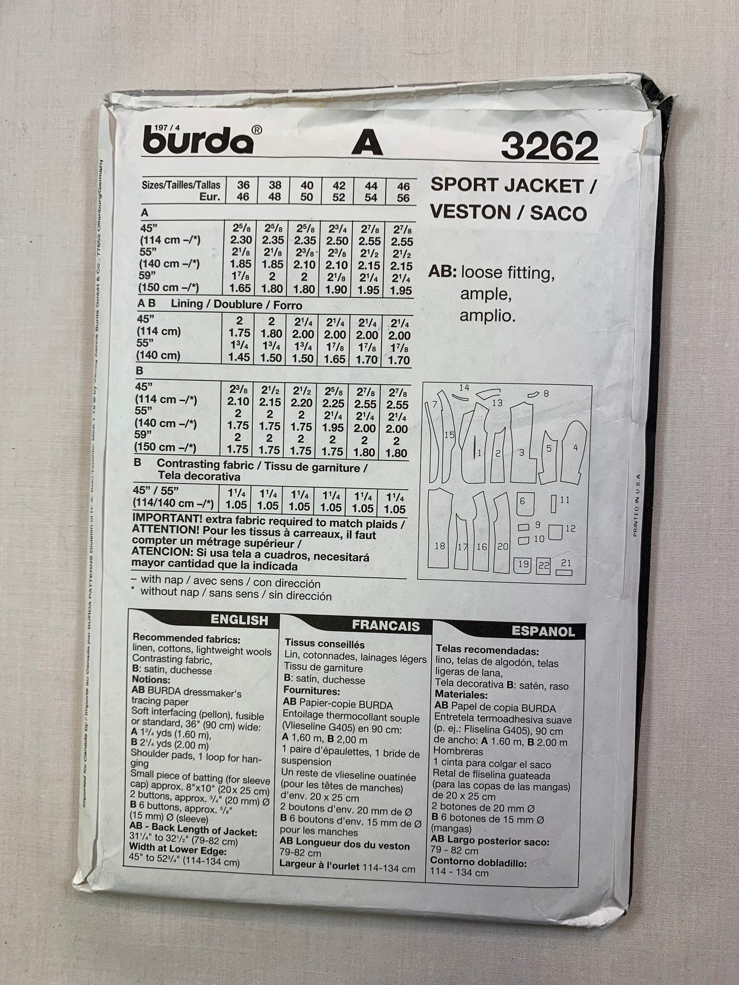 Burda Sewing Pattern 3262 Men's Sport Jacket, Loose-Fitting, Long Sleeves, Pockets, Size 46-56, Uncut, 2001