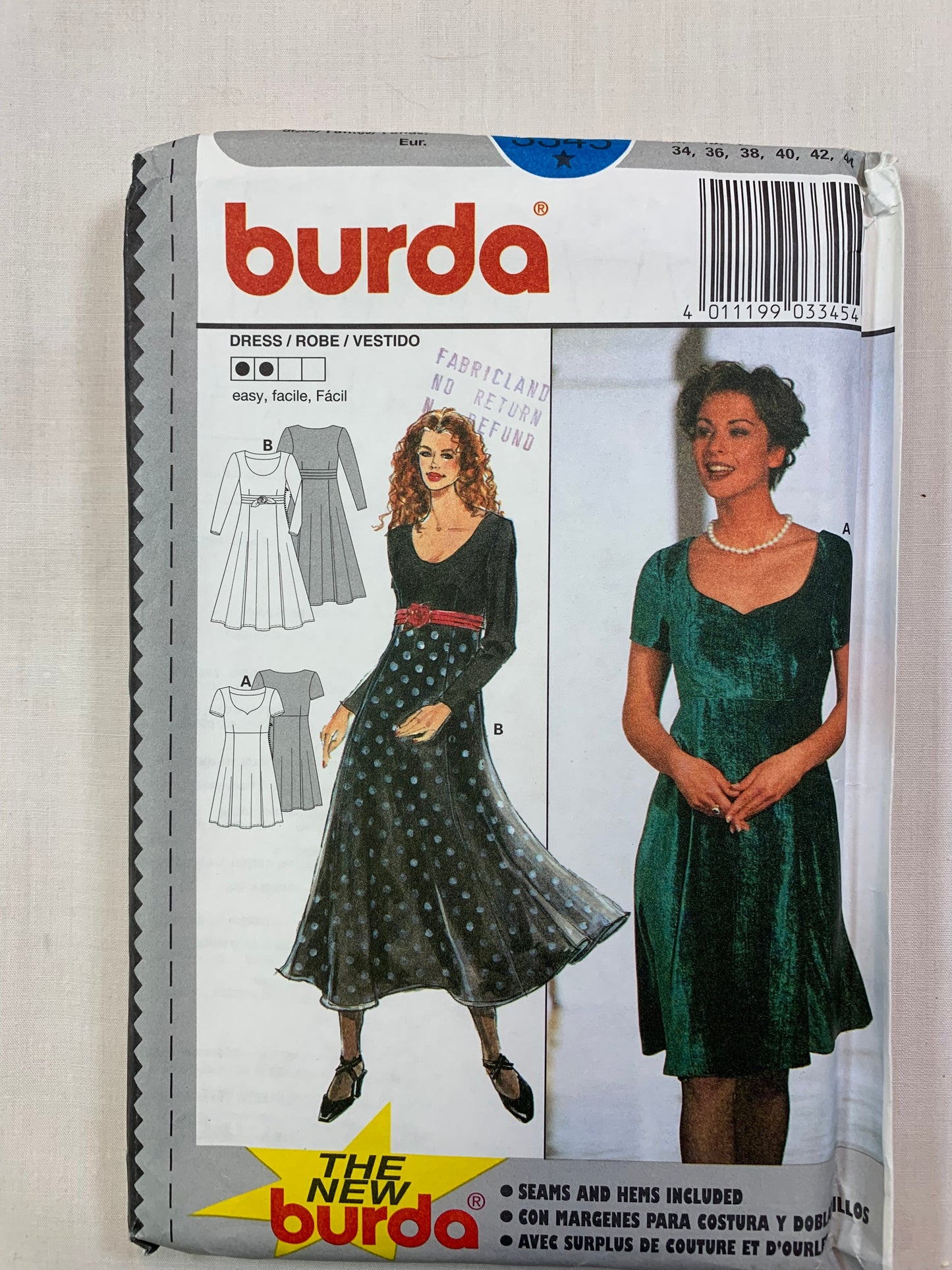 Burda Sewing Pattern 3345 Misses' Dress, Long/Short Sleeves, Fitted, Zipper Back, Size 8-10, Cut, 2017