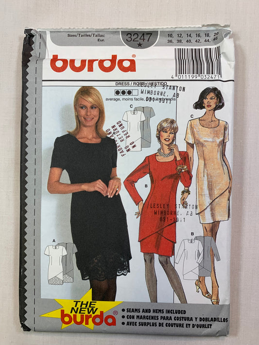 Burda Sewing Pattern 3247 Misses' Dress, 3 Variations, Long/Short Sleeves, Fitted, Darts, Size 10-20. Uncut, 2001