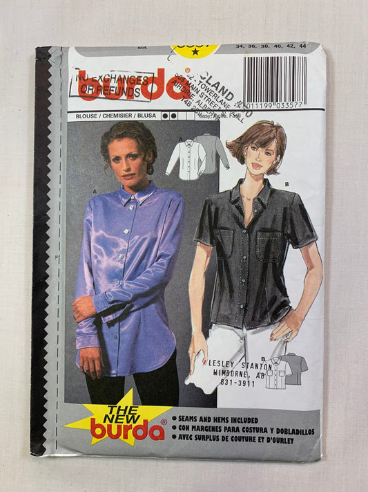 Burda Sewing Pattern 3357 Misses' Blouse, Semi-Fitted, Long/Short Sleeves, Collar, Pockets, Button Front, Size 8-18, Uncut, 2000