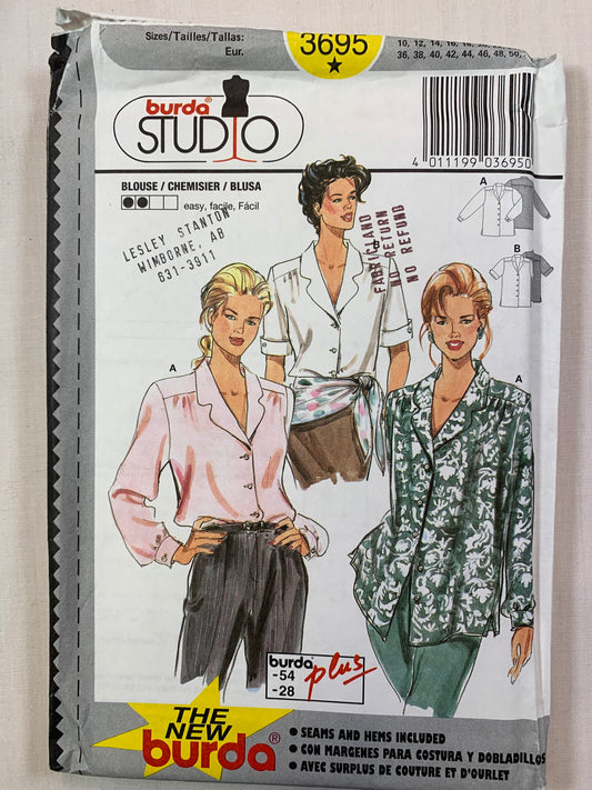 Burda Sewing Pattern 3695 Misses' Blouse, Loose-Fitting, Button Front, Collar, Long/Short Sleeves, Size 10-28, Uncut, 2000
