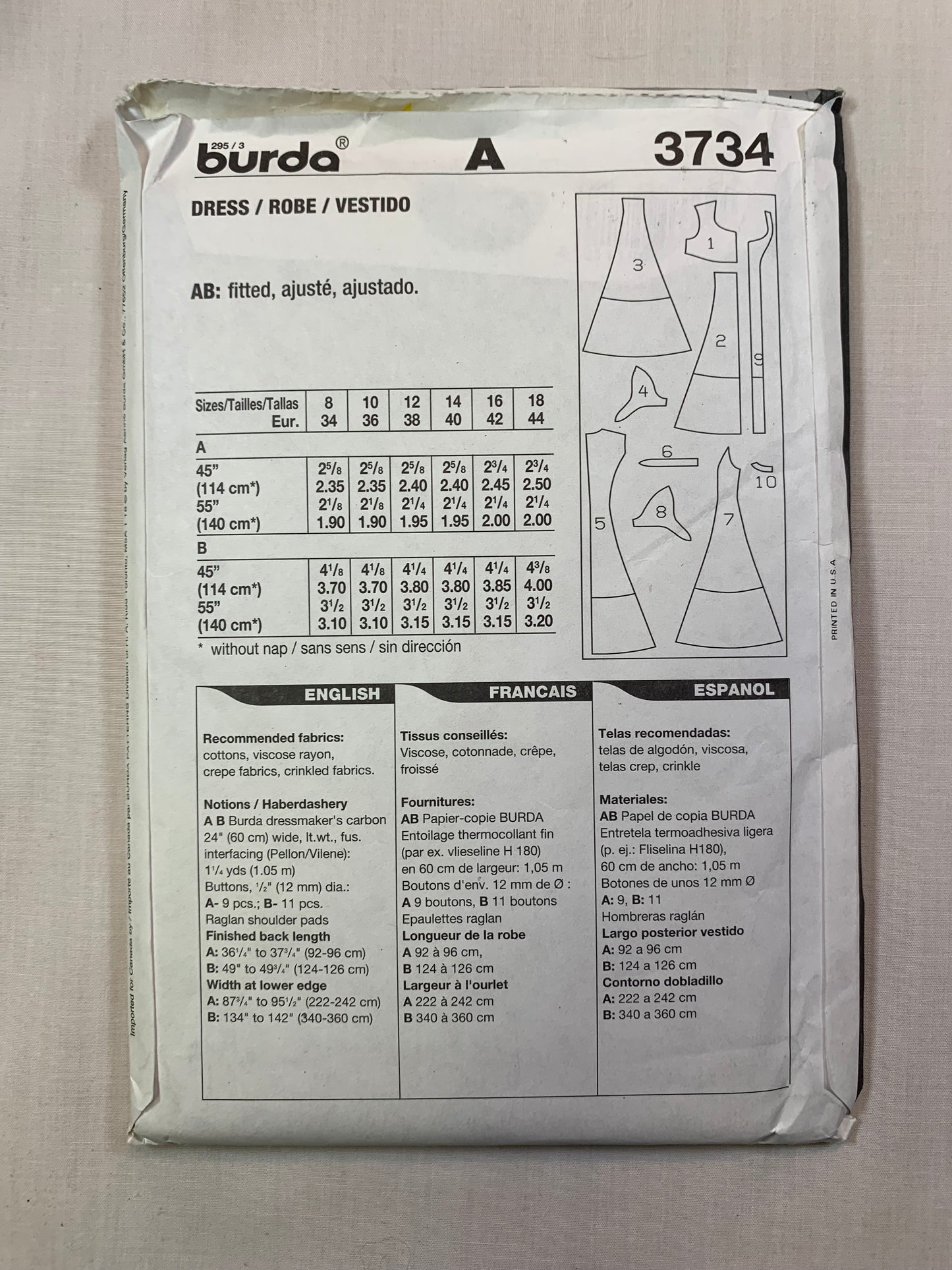 Burda Sewing Pattern 3734 Misses' Dress, Button Front, Short Sleeves, Two Lengths, Size 8-18, Uncut, 2017