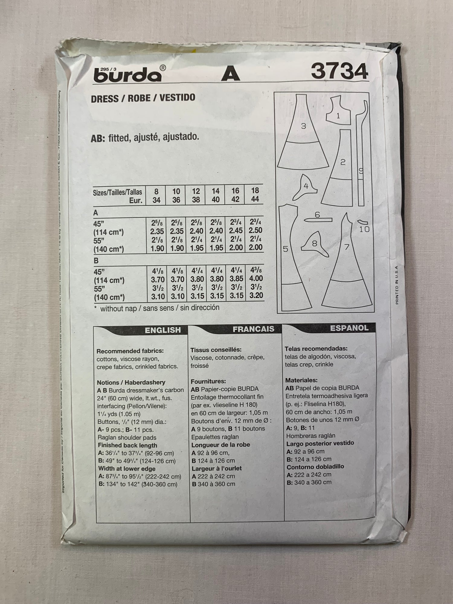 Burda Sewing Pattern 3734 Misses' Dress, Button Front, Short Sleeves, Two Lengths, Size 8-18, Uncut, 2017