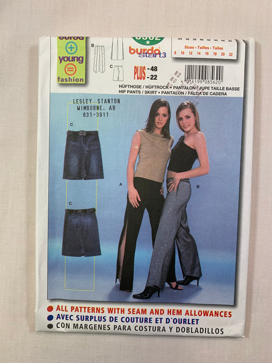 Burda Sewing Pattern 8562 Misses' Hip Pants, Skirt, Close-Fitting, 3 Variations, Side Zipper, Size 8-22, Uncut, 2005
