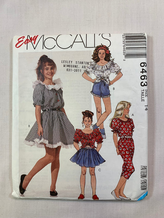 McCall's 6463 Girls' Tops, Skirt, Shorts, Pants, Size14, Uncut, Vintage 1993
