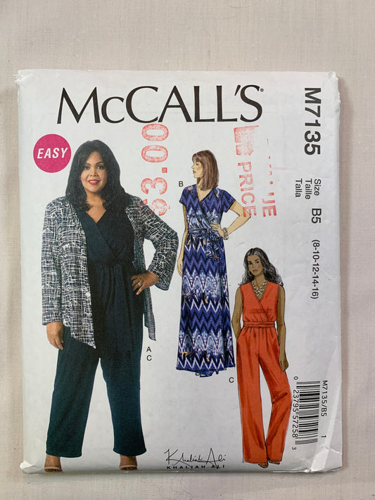 McCall's M7135 Misses' Dress. Shrug, Jumpsuit, Belt, Size 8-16, Uncut, 2015