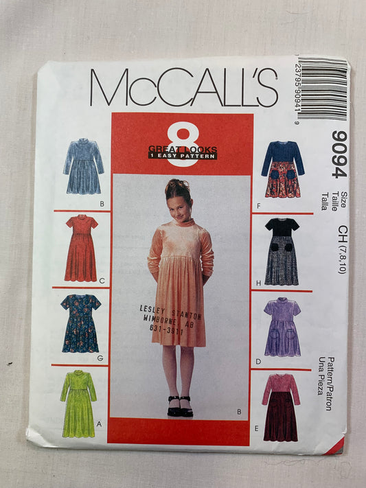 McCall's 9094 Girls' Dresses, Size 7-10, Uncut, Vintage 1997
