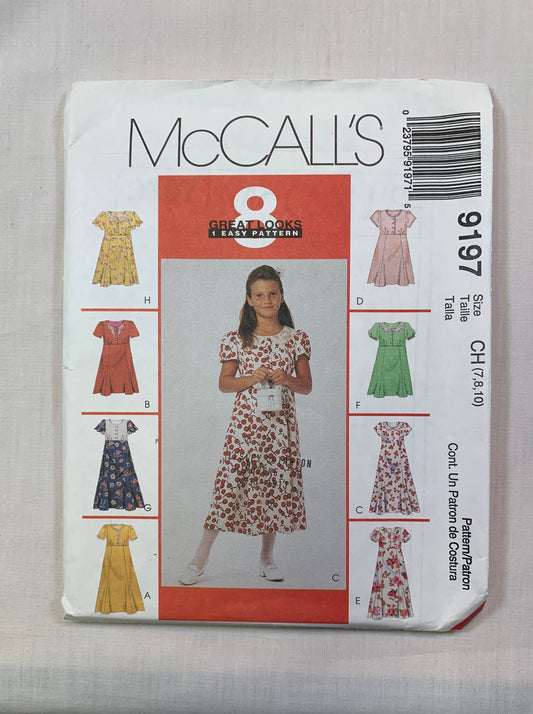 McCall's 9197 Girls' Dress, Size 7-10, Uncut, Vintage 1998