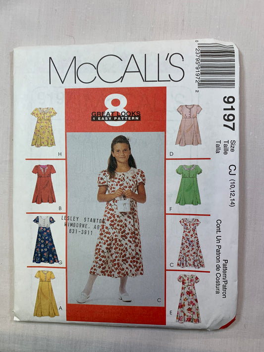 McCall's 9197 Girls' Dress, Size 10-14, Uncut, Vintage 1998