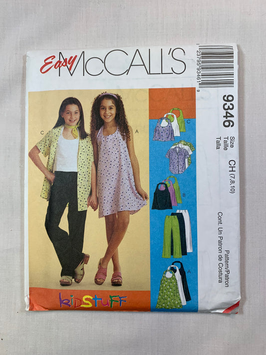 McCall's 9346 Girls' Tops, Dress, Shirt, Pants, Size 7-10, Uncut, Vintage 1998