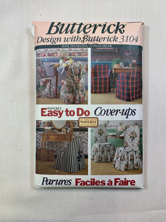 Butterick Sewing Pattern 3104 Home Decor, Chair Covers, 4 Variations, Ruffles, Windsor, Ladder, Folding, Uncut, Vintage 1993