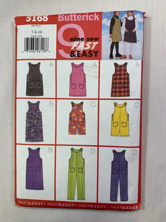 Butterick Sewing Pattern 5168 Girls' Jumper, Jumpsuit, Pockets, Sleeveless, 9 Variations, Size 7-10, Uncut, Vintage 1997