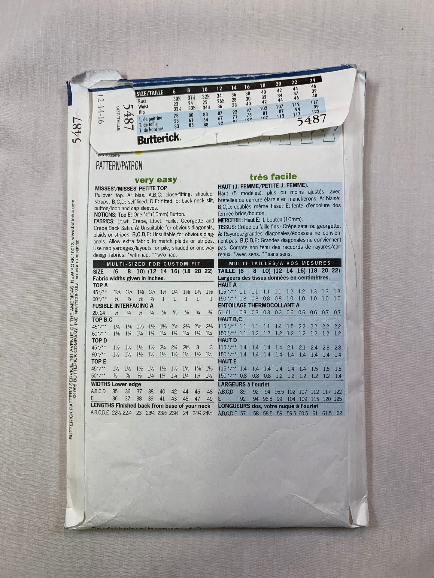 Butterick 5487 Misses'/Misses' Petite Camisole, Tops, Size 12-16, Uncut, Vintage 1998