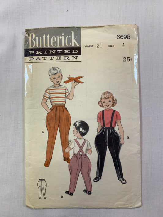 Butterick 6698 Girls' Boys' Jodhpurs, Pants, Size 4, Cut, Vintage 1953