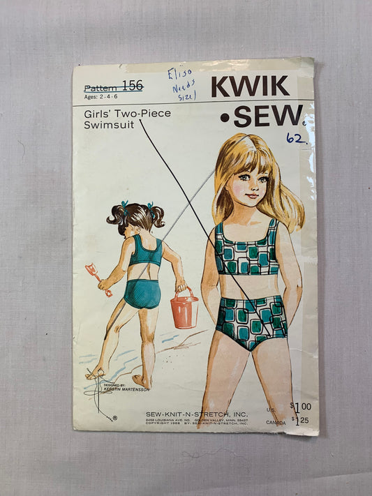 KWIK 156 Girls' Two-Piece Swimsuit, Size 2-6, Uncut, Vintage 1968