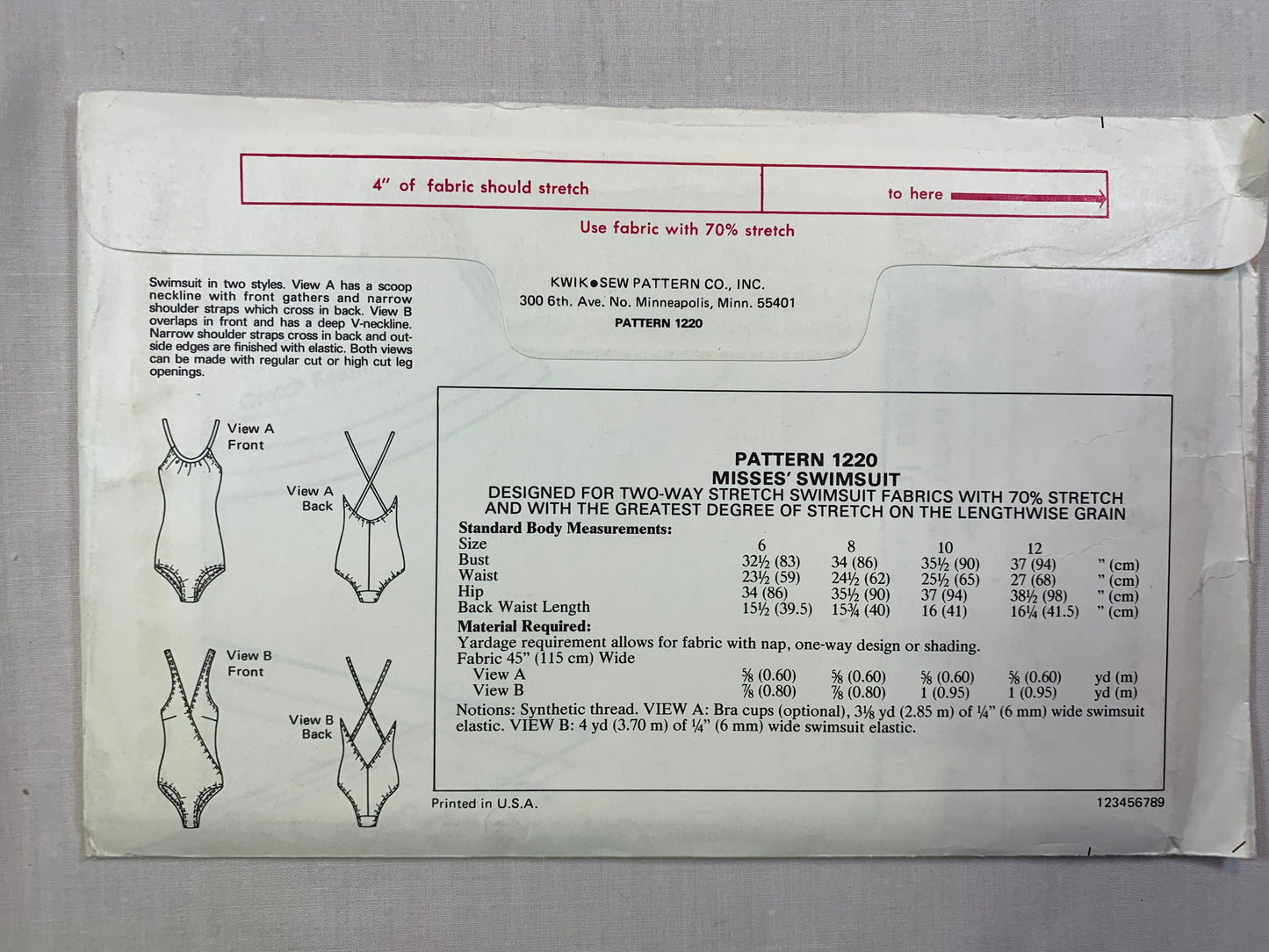 KWIK 1220 Misses' Swimsuit, Uncut, Size 6-12, Vintage 1985