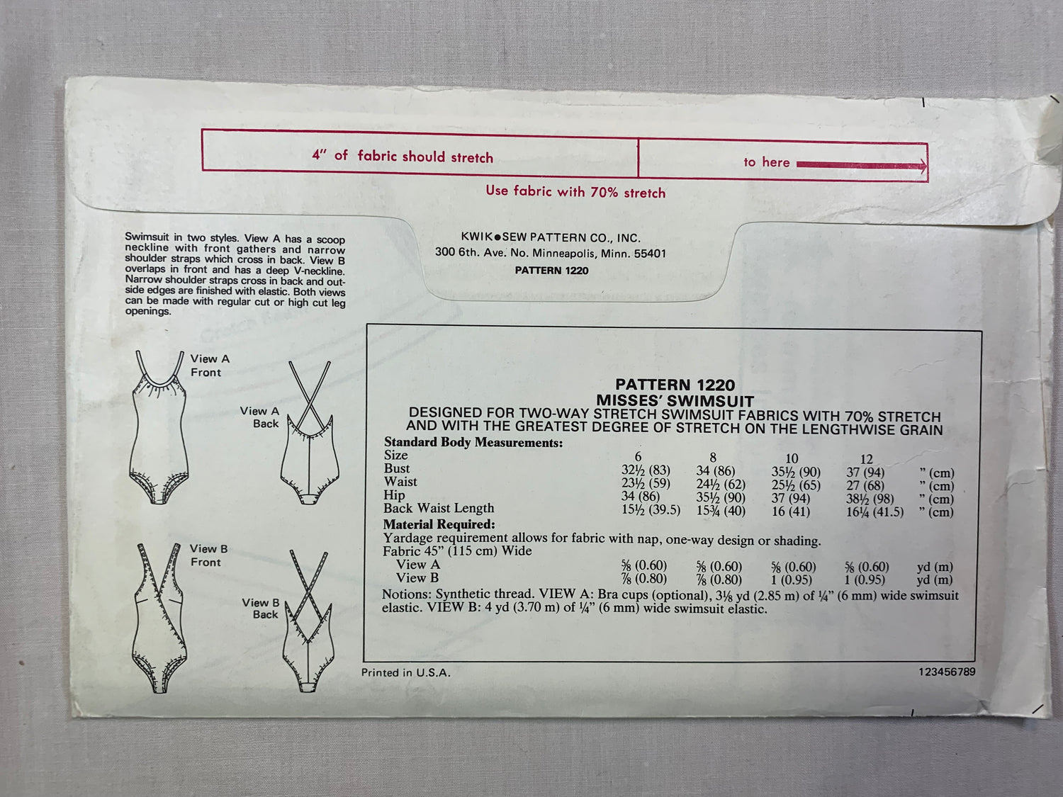 KWIK 1220 Misses' Swimsuit, Uncut, Size 6-12, Vintage 1985