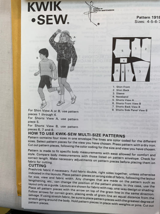 KWIK 1918 Boys' Girls' Top, Shorts, Size 4-14, Uncut