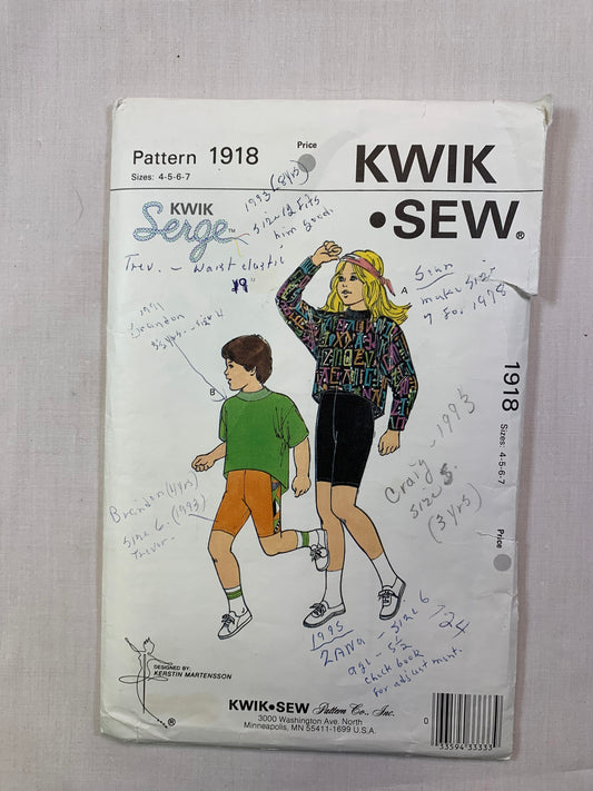 KWIK 1918 Boys' Girls' Top, Shorts, Size 4-7, Uncut