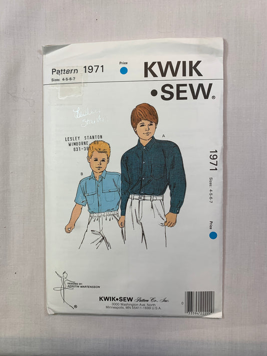 KWIK 1971 Boys' Shirts, Long/Short Sleeves, Button Front, Collar, Pockets, Size 4-7, Cut, Vintage 1989
