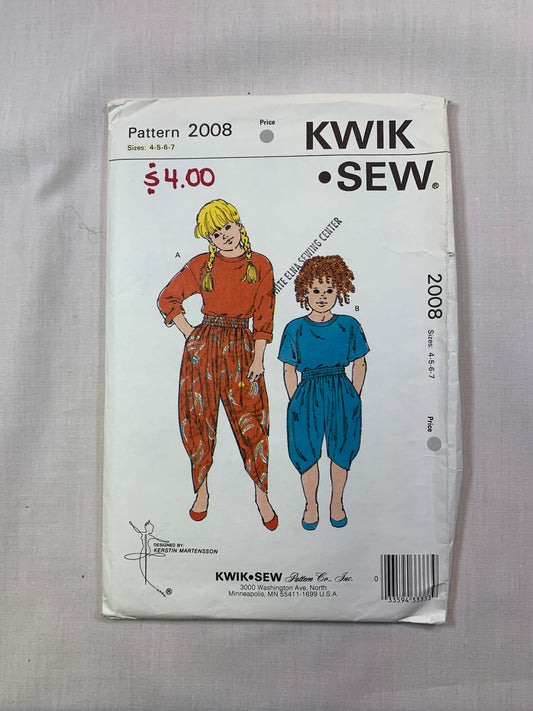 KWIK 2008 Girls' Top, Pants, Size 4-7, Uncut, Vintage 1980