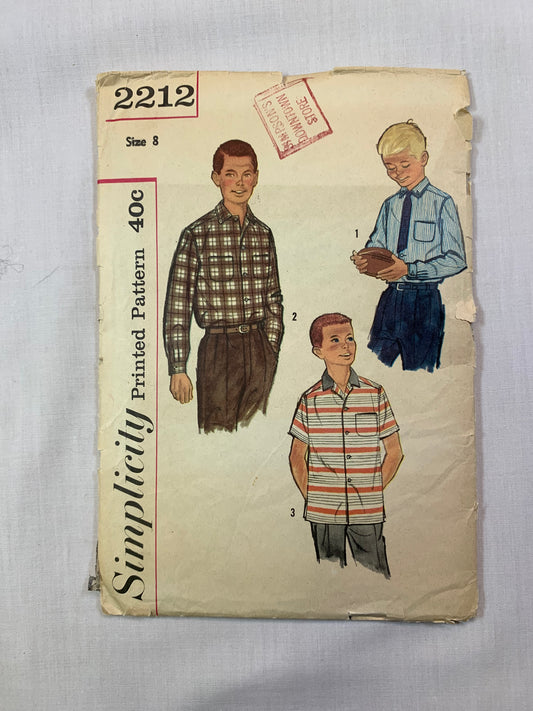 Simplicity Sewing Pattern 2212 Boys' Shirt, Long/Short Sleeves, Collar, Size 8, Cut, Vintage 1960