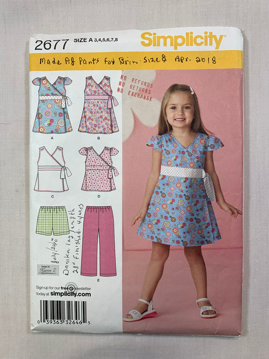 Simplicity Sewing Pattern 2677 Girls' Dress, Top, Shorts, Pull-On Pants, Sleeveless, Size 3-8, Cut, 2009
