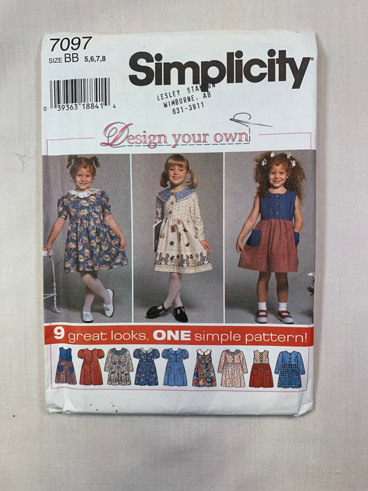 Simplicity 7097 Girls' Dress, Size 5-8, Uncut, Vintage 1996