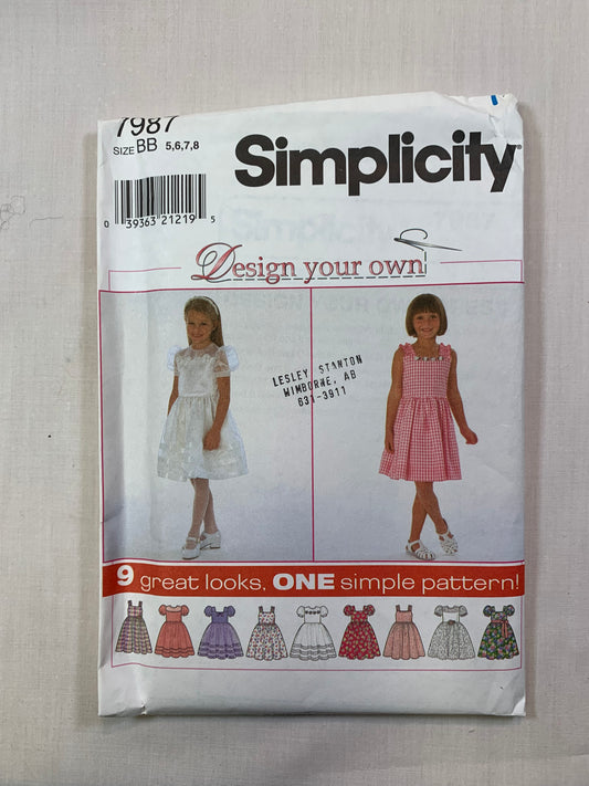 Simplicity 7987 Girls' Dress, Size 5-8, Uncut, Vintage 1997