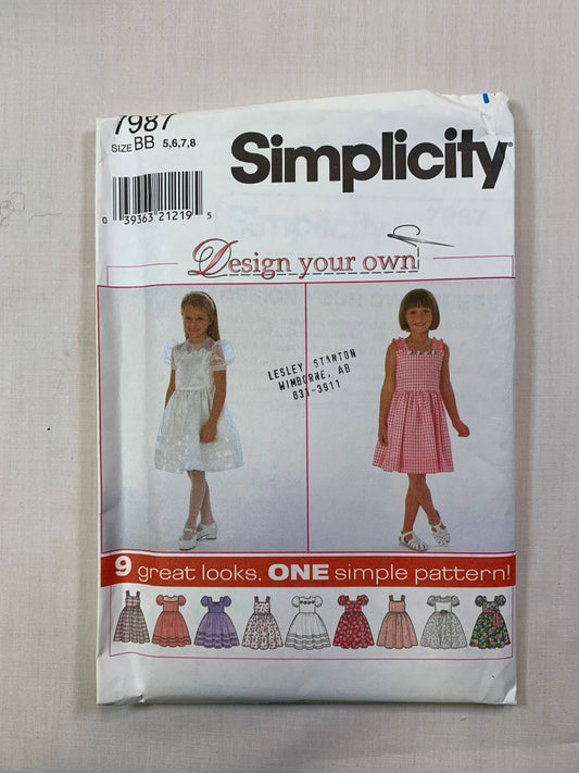 Simplicity 7987 Girls' Dress, Size 5-8, Uncut, Vintage 1997