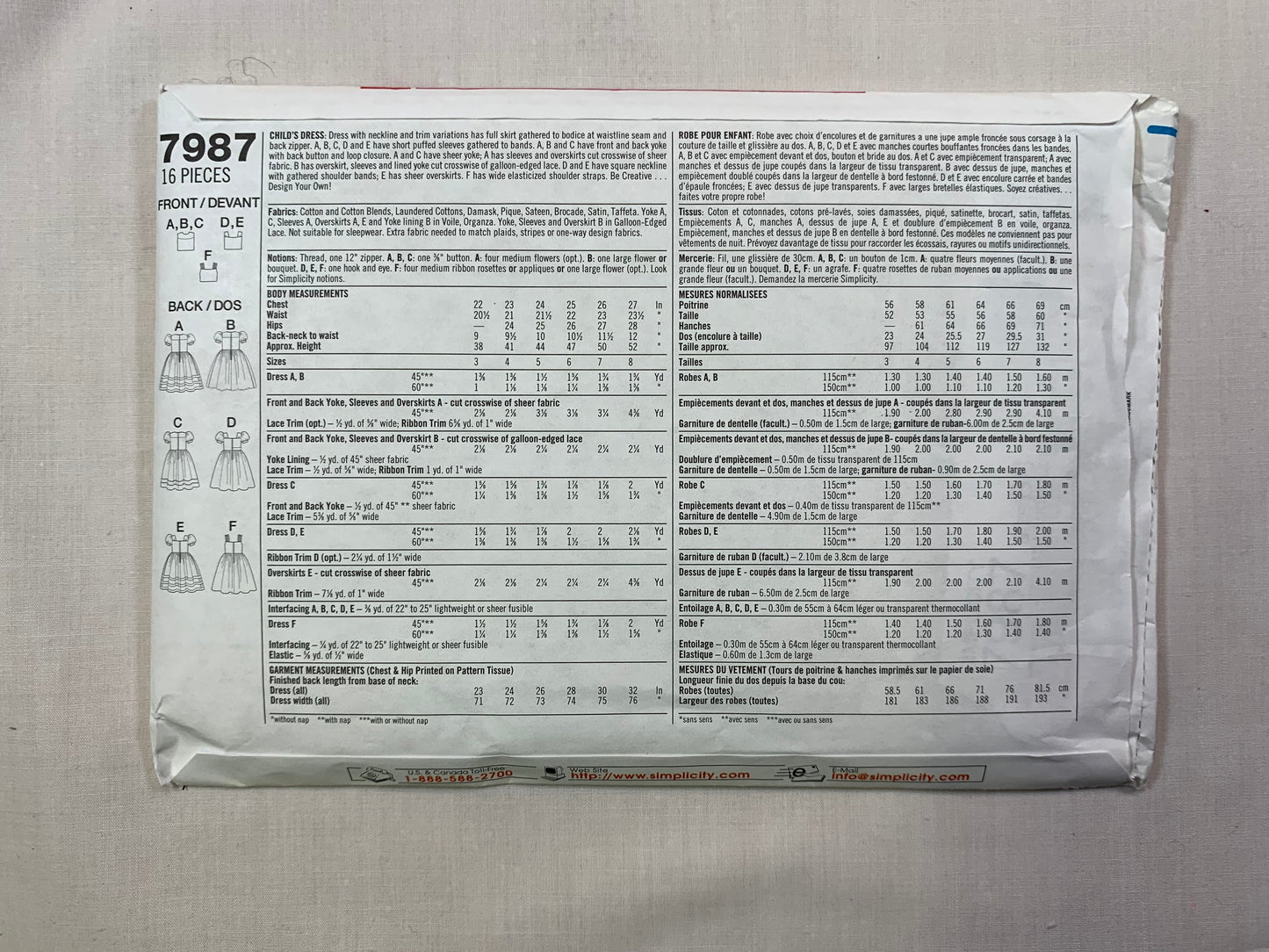Simplicity 7987 Girls' Dress, Size 5-8, Uncut, Vintage 1997