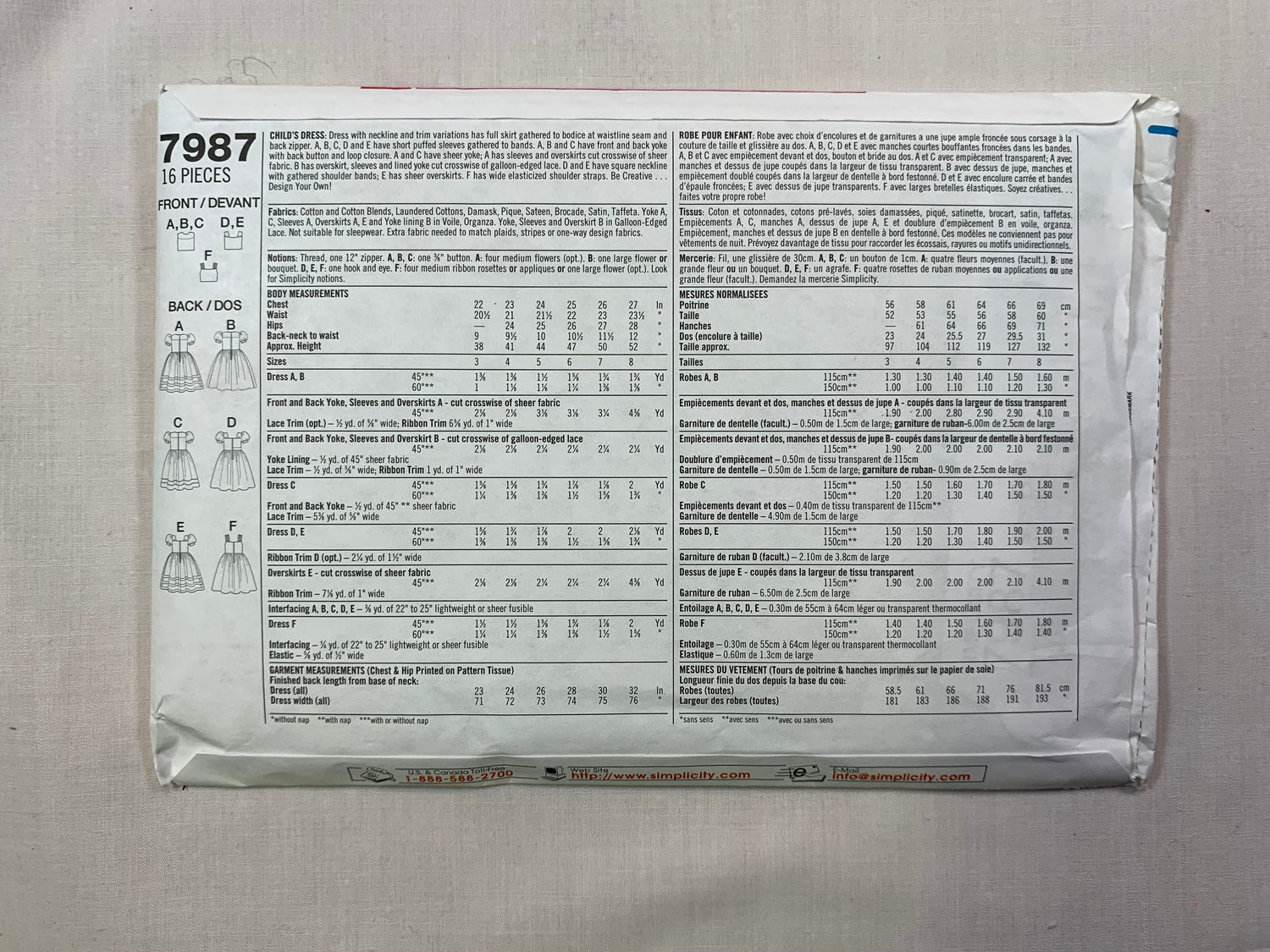 Simplicity 7987 Girls' Dress, Size 5-8, Uncut, Vintage 1997